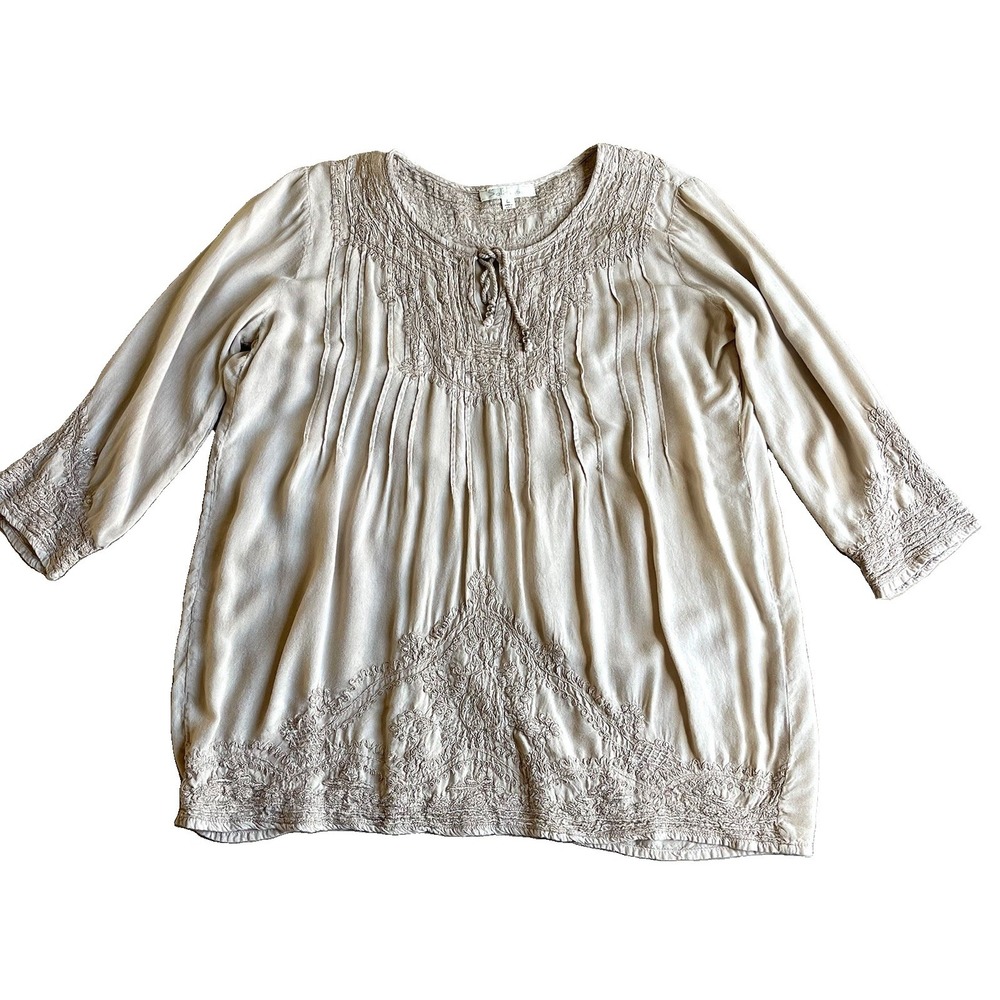 Solitaire Tunic Top Womens Large Tan Embroidered Pintuck Boho Peasant Blouse